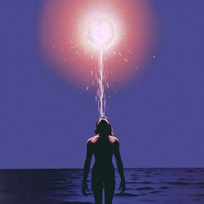 Frau umarmt kosmisches Licht von Samantha Hearn