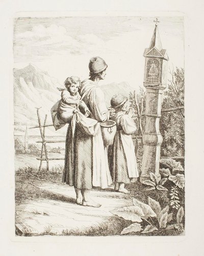 Bettlerin mit zwei Kindern vor einem Madonnenbild auf ihrem Weg nach Tirol von Samuel Amsler
