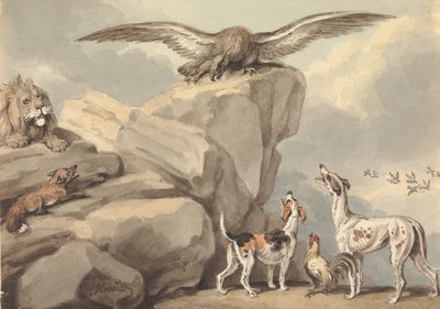 Ein Adler auf einem Felsen; Löwe, Fuchs, zwei Hunde und ein Hahn (möglicherweise für "Äsops Fabeln") von Samuel Howitt