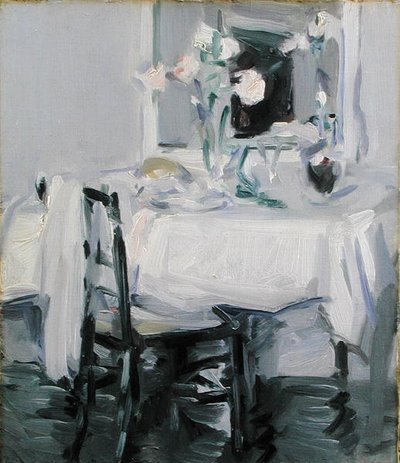 Ein Interieur mit Rosen in einer Vase auf einem Tisch von Samuel John Peploe