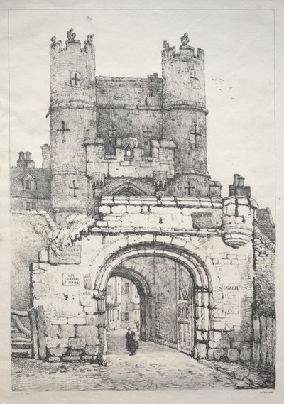 Eine Reihe alter Gebäude und ländlicher Hütten im Norden Englands: In York, mittelalterliches Tor von Samuel Prout