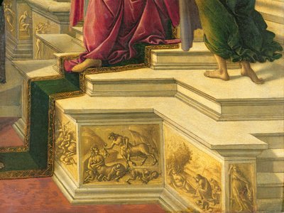 Verleumdung des Apelles: Detail zeigt einen Teil des Podiums mit simulierten Skulpturenfriesen, die klassische Themen darstellen, 1497-98 (Detail) von Sandro Botticelli