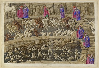 Die Göttliche Komödie, Inferno XVIII. Vergil und Dante im achten Kreis der Hölle (Malebolge), 1. und 2. Bolgia: Bestrafung der Kuppler und Verführer, der Schmeichler und Huren von Sandro Botticelli
