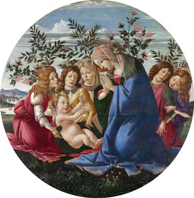 Madonna, das Kind mit fünf Engeln anbetend von Sandro Botticelli