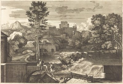 Landschaft mit zwei Figuren auf einer Brücke von Sébastien Bourdon