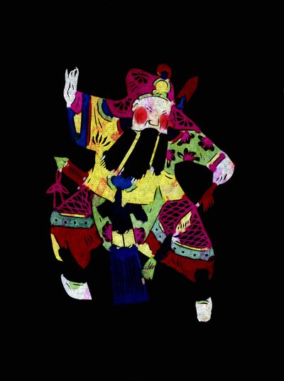 Männliche Figur der Pekinger Oper mit Maske. Bemaltes Papierschnittwerk oder "Jian Zhi", chinesische Volkskunst, Peking von School Chinese