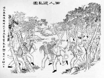 Boxeraufstand: Die Europäer fliehen vor den Boxern. Illustration veröffentlicht in der Zeitung von Shanghai Toung-Ouen-Hou-Pao. Um 1899 von School Chinese