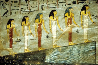Altes Ägypten, Malerei, Grab von Ramses I, Theben, Sechs Göttinnen, die die ersten sechs Stunden der Nacht darstellen, steigen einen Berg hinauf, unter dem sich ein Teich befindet von School Egyptian