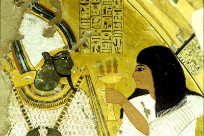 Altes Ägypten, Wandmalerei Grab von Inherkhau, Theben, Grab der Adligen, 20. Dynastie, Inherkhau bringt Osiris Opfergaben dar (Foto) von School Egyptian