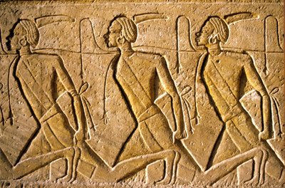 Altes Ägypten, Wandmalerei/-schnitzerei, Reihe von Gefangenen, die das kuschitische Volk darstellen, dargestellt als Afrikaner, die von Ramses II. besiegt wurden, Tempel von Ramses II., Abu Simbel von School Egyptian
