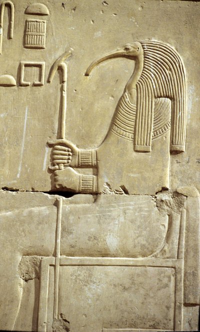 Altes Ägypten, Wandmalerei/-schnitzerei, Der Gott Thoth, Tempel von Seti I, Abydos von School Egyptian