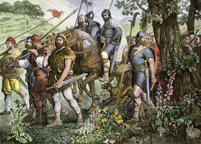 Kent-Männer ziehen in die Schlacht, um England während der normannischen Invasion 1066 zu verteidigen (Farbgravur) von School English
