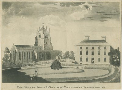 Pattingham Church und Pfarrhaus (Aquatinta-Radierung) von School English
