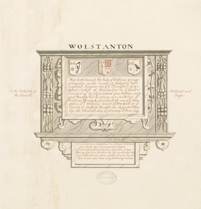 Wolstanton-Kirche - Wanddenkmal für William Yonge von Caynton: Feder- und Waschzeichnung, undatiert [?19. Jahrhundert] von School English