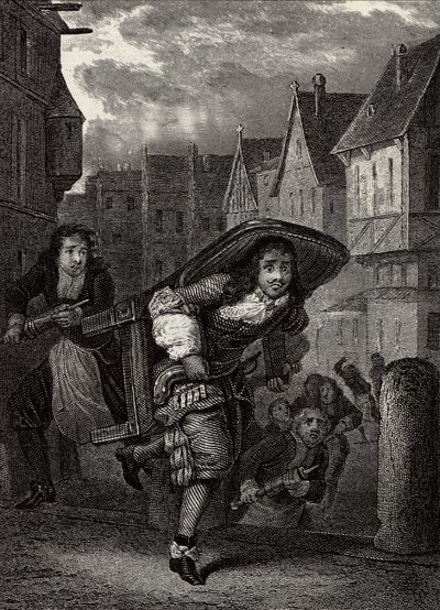 „Monsieur de Pourceaugnac“ - Gravur aus „Werke“ des englischen Autors Molière - Szene aus dem Theaterstück „Monsieur de Pourceaugnac“ von Jean-Baptiste Poquelin genannt Molière von School French