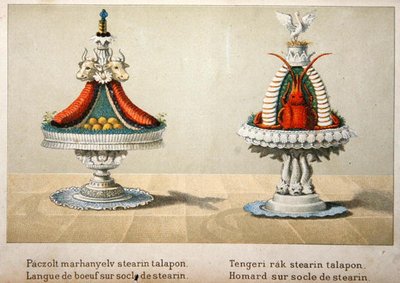 Design für die Präsentation von Ochsenzungen auf einem Bett aus Stearin und für Hummer, Illustration aus einem ungarischen Kochbuch über französische Küche, ca. 1880 von School Hungarian