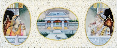 Miniaturmalerei von Mogulkaiser Aurangzeb mit Ehefrau Mehrunnisa von School Indian