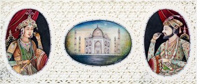 Miniaturmalerei von Mughal-Kaiser Shah Jahan mit Frau Mumtaz Mahal von School Indian