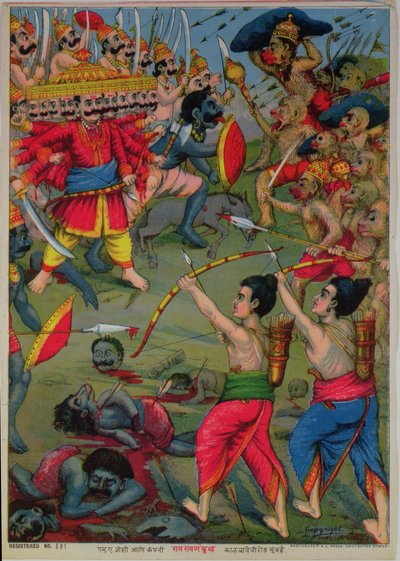 Rama und Lakshmana im Kampf mit Ravana, Ramayana-Epos, ca. 1914 von School Indian