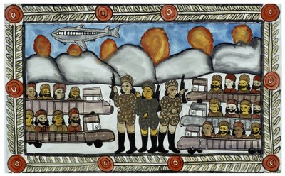 Die Geschichte der Anschläge vom 11. September 2001 erzählt von den Händlern Baul aus Bengalen. Malerei, Serie, Nummer 8/9, Bengalen. von School Indian