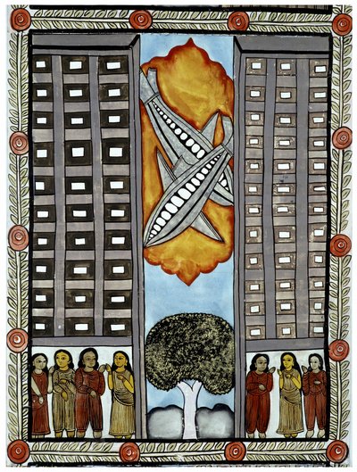 Die Geschichte der Anschläge vom 11. September 2001 erzählt von den Baul-Händlern aus Bengalen, eine Illustration der Flugzeuge, die am World Trade Center in New York teilnehmen. Malerei, Serie, Nummer 3/9, Bengalen von School Indian