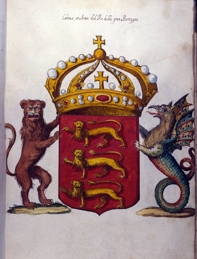 Wappen der britischen Königsfamilie schmückt eine Krone, einen Löwen und eine fantastische Kreatur. Staatsarchiv, Mailand von School Italian