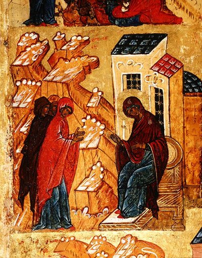 Ikone, die die Jungfrau zeigt, wie sie die am meisten geehrten Stofffarben auswählt, ca. 1550 (Detail) von School Russian