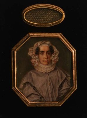 Porträt von Praskovya Mikhailovna Tolstaya (1777-1844), mit einer Haarlocke, ca. 1844 von School Russian