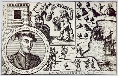 Spanier unter Juan de Grijalva landen in Yucatan und kämpfen gegen Maya-Krieger in der Schlacht von Champoton, Mai 1518 von School Spanish