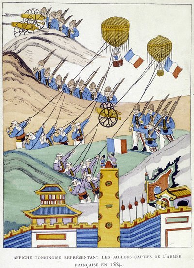 Tonkinisches Plakat, das die Fesselballons der französischen Armee im Jahr 1884 darstellt von School Vietnamese