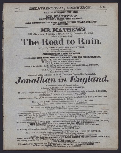 Theaterprogramm für das Theatre Royal, Edinburgh, 29. Dezember 1825 von Scottish School