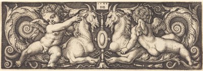 Ornament mit zwei Genien, die auf zwei Chimären reiten von Sebald Beham