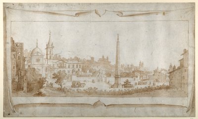 Entwurf für ein Frontispiz mit Blick auf Rom innerhalb der Porta del Popolo und Blick auf den Pincio von Sebastian Vrancx
