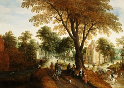 Elegante Reiter und Figuren auf einem Weg vor einem Schloss von Sebastian Vrancx