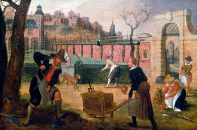 Die Gärtner bei der Arbeit in einem formalen Garten am Stadtrand. Gemälde von Sebastian Vrancx (1573-1647). Privatsammlung. von Sebastian Vrancx