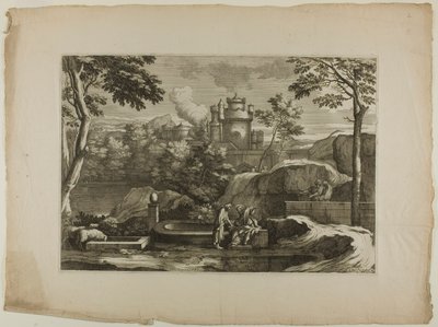 Ansicht einer Stadt (Christus mit dem barmherzigen Samariter am Brunnen) von Sébastien Bourdon