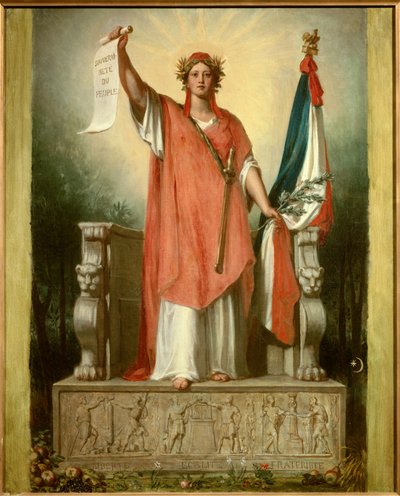 Die Republik. Personifikation der Republik (Marianne) trägt eine Pergamentrolle, auf der 