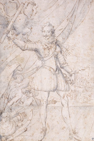 König Heinrich IV., ganzfigurig, eine Trophäe der osmanischen Waffen zu seinen Füßen, eine Schriftrolle vor einem Adler erhebend von Second School of Fountainebleau