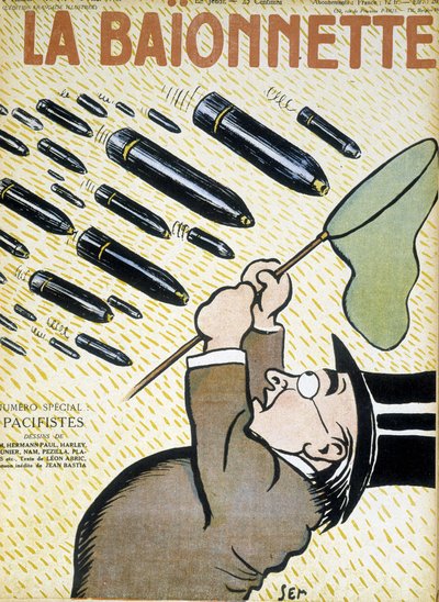 Mann, der versucht, Muscheln mit einem Schmetterlingsnetz zu fangen - von Sem (1863 - 1934), in „La Bayonet: les pacifistes“ vom 03.08.1916 von Sem