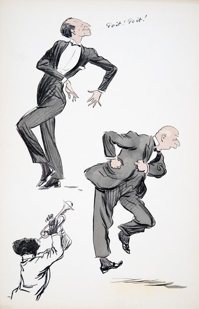 Zwei Männer in Anzügen tanzen, während ein Musiker Trompete spielt, aus White Bottoms, veröffentlicht 1927 von Sem