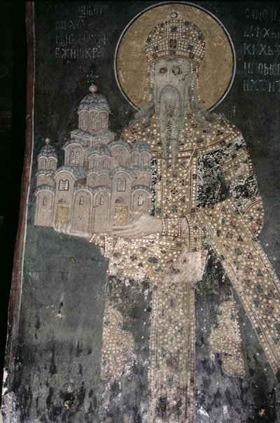 König Stefan Uroš II. Milutin (r.1282-1321) mit einem Modell der Kirche, 1311-21 von Serbian School