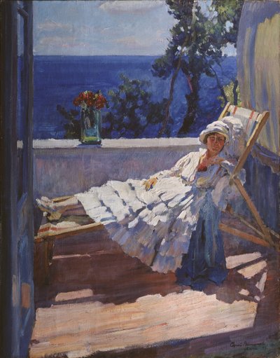 Eine Dame auf dem Balkon, 1916 von Sergei Arsenevich Vinogradov