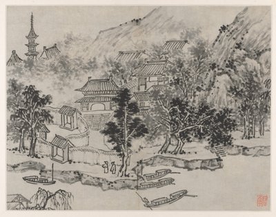 Zwölf Ansichten des Tigerhügels, Suzhou: Ferne Ansicht des Tigerhügels vom Kanal von Shen Zhou