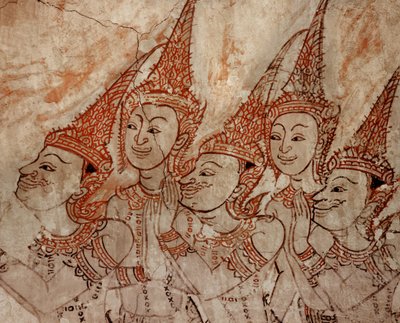 Detail der Wandmalereien, die himmlische Gottheiten zeigen, aus der späten Ayutthaya-Periode von Siamese School