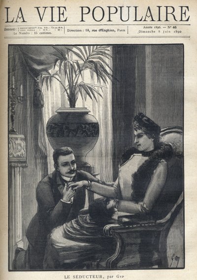 Ein Mann auf den Knien hält die Hand einer eleganten Frau, die in einem bürgerlichen Wohnzimmer sitzt, ihren Mantel, einen Ärmel und einen Pelzschal trägt. Illustration für Le Seducteur par Gyp (Sibylle Gabrielle Marie Antoinette Riquetti de Mirabeau, Gräf von Sibylle Gabrielle de Riquetti de Mirabeau