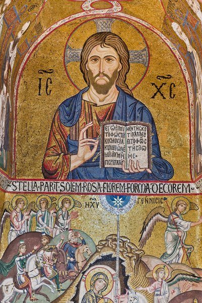 Die Palatinkapelle (Basilika), südliche Apsis oder St. Pauls "Absidiola", Mosaiken: "Christus Pantokrator" und "Geburt Christi", XII Jahrhundert von Sicilian School