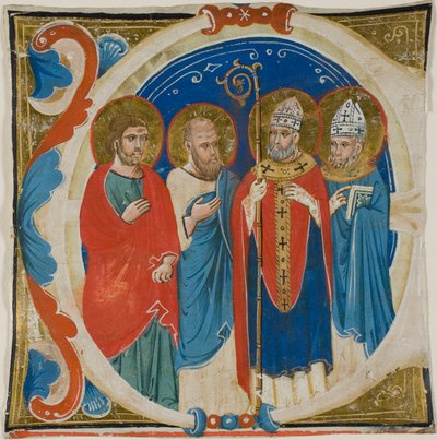 Zwei Heilige und zwei Bischöfe in einem historisierten Initial "E" aus einem Chorbuch von Sienese School