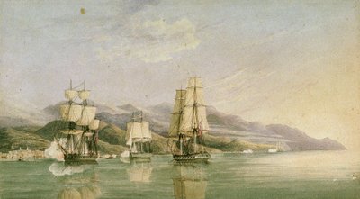 Angriff auf einen Konvoi von achtzehn französischen Handelsschiffen bei Laigrelia und Alassio, 27. Juni 1812, frühes 19. Jahrhundert von Silas Thomson (attr.to) Hood