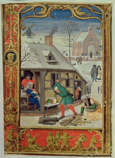 Januar: Holz hacken und Schlittenfahren, aus einem Stundenbuch oder dem Golfbuch, ca. 1520-30 von Simon (workshop of) Bening
