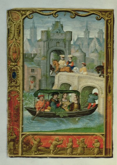 Mai: Eine Bootsfahrt und Bogenschießen, aus einem Stundenbuch, oder dem Golfbuch, ca. 1520-30 von Simon (workshop of) Bening